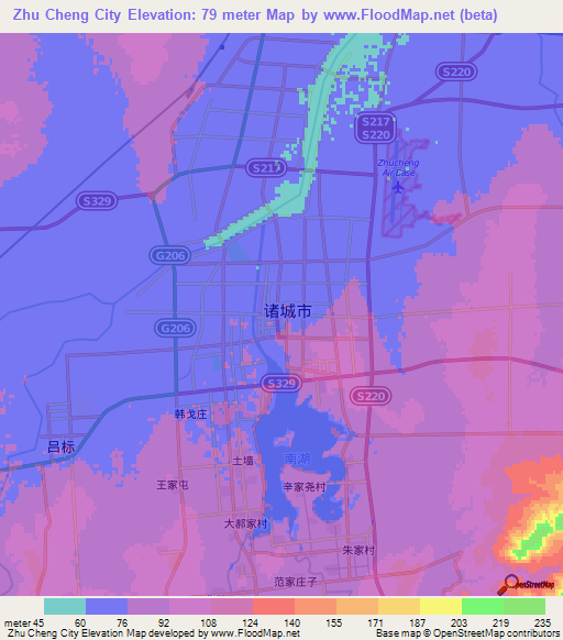 Zhu Cheng City,China Elevation Map