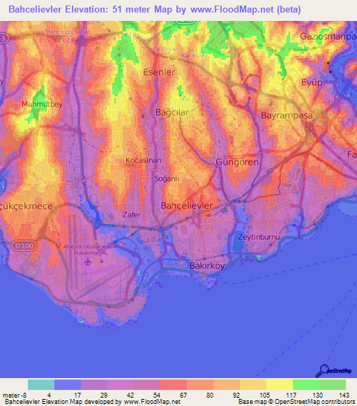 Bahcelievler,Turkey Elevation Map