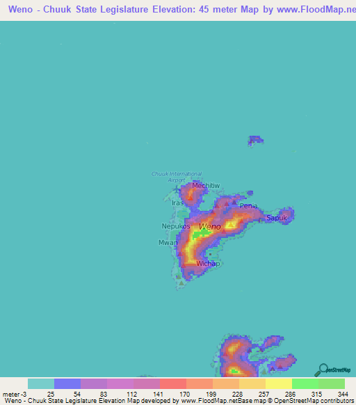 Weno - Chuuk State Legislature,Micronesia Elevation Map