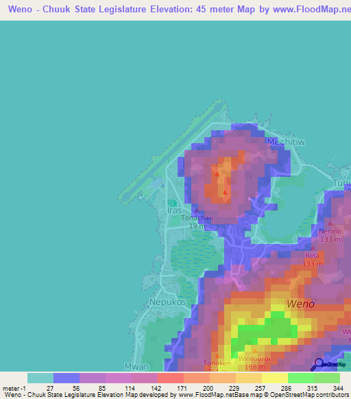 Weno - Chuuk State Legislature,Micronesia Elevation Map