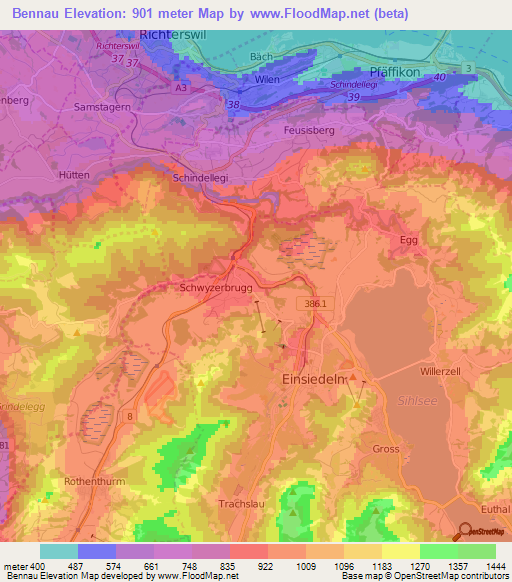 Bennau,Switzerland Elevation Map