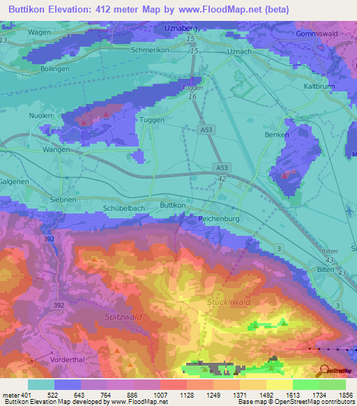 Buttikon,Switzerland Elevation Map