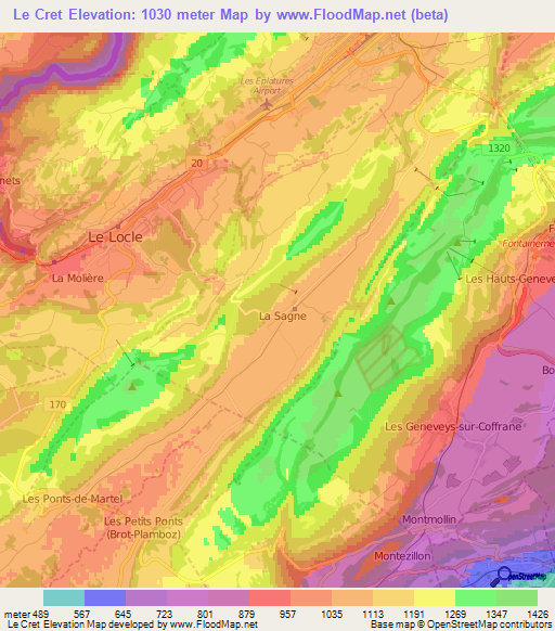 Le Cret,Switzerland Elevation Map