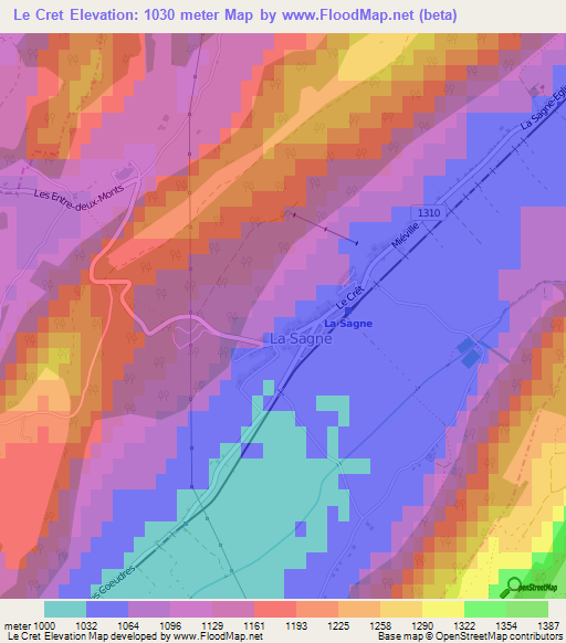 Le Cret,Switzerland Elevation Map