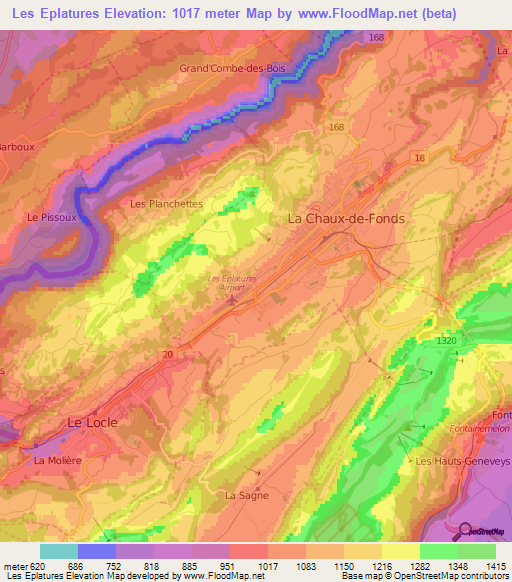 Les Eplatures,Switzerland Elevation Map