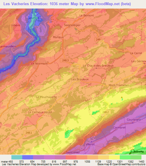 Les Vacheries,Switzerland Elevation Map