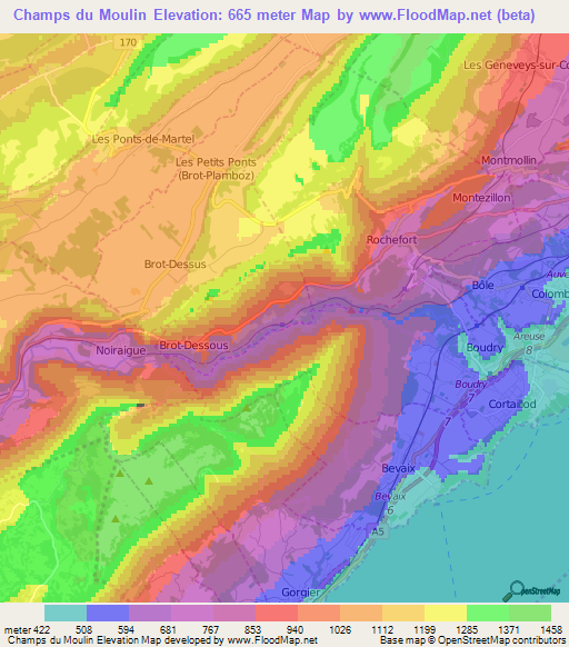 Champs du Moulin,Switzerland Elevation Map