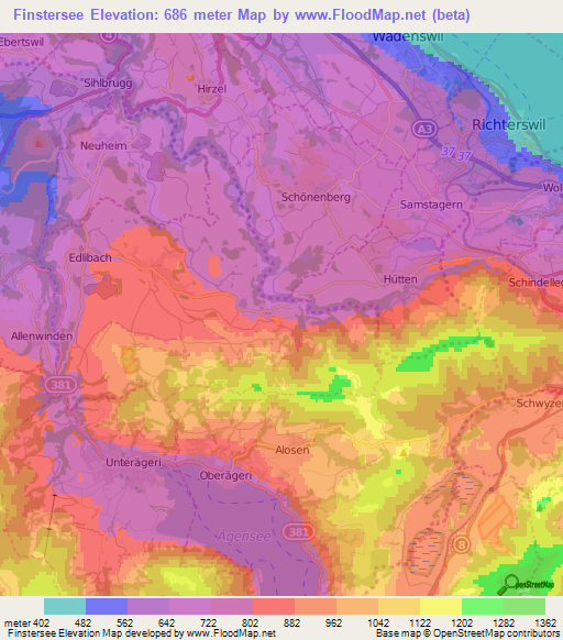 Finstersee,Switzerland Elevation Map