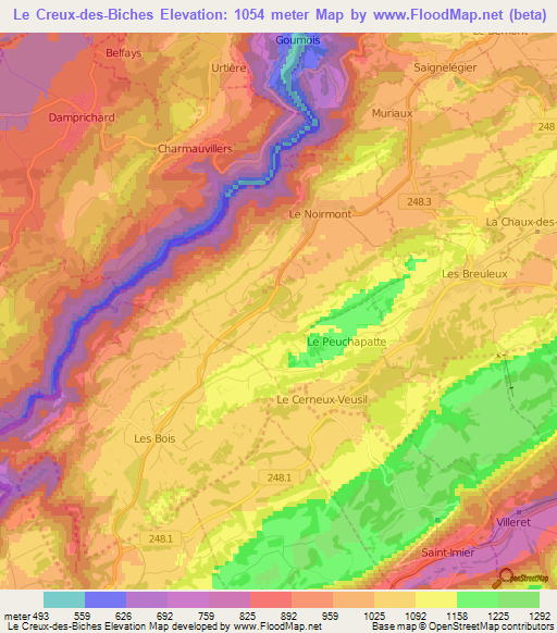 Le Creux-des-Biches,Switzerland Elevation Map