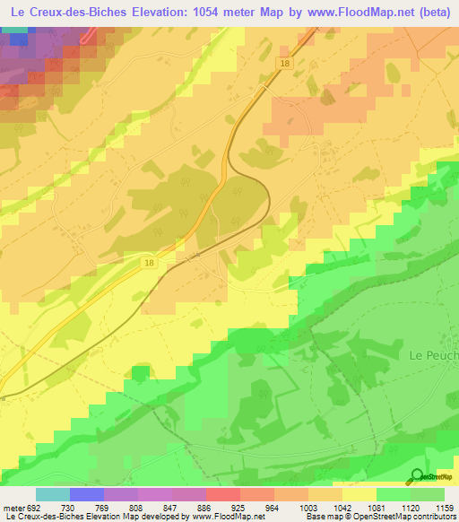 Le Creux-des-Biches,Switzerland Elevation Map