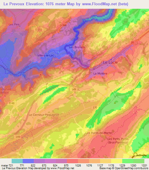 Le Prevoux,Switzerland Elevation Map