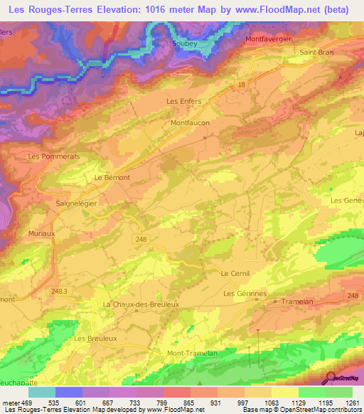 Les Rouges-Terres,Switzerland Elevation Map