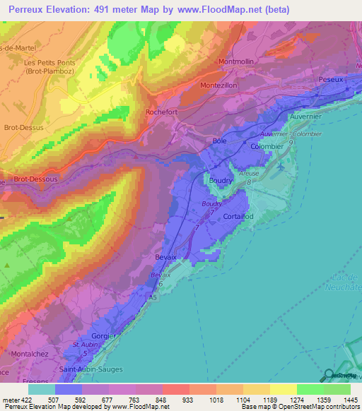 Perreux,Switzerland Elevation Map