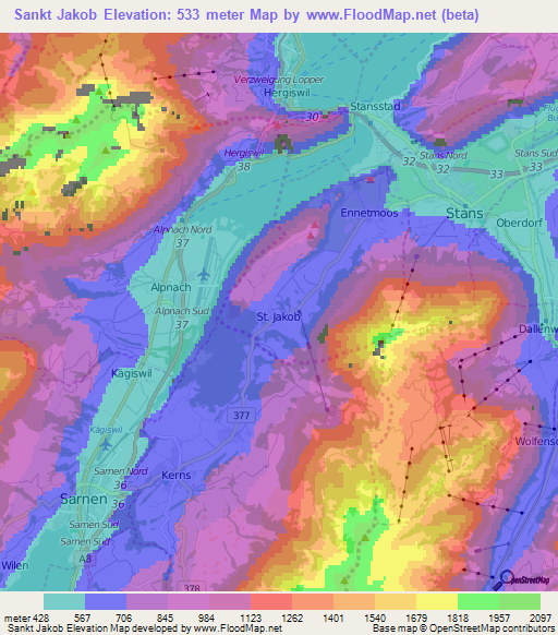 Sankt Jakob,Switzerland Elevation Map