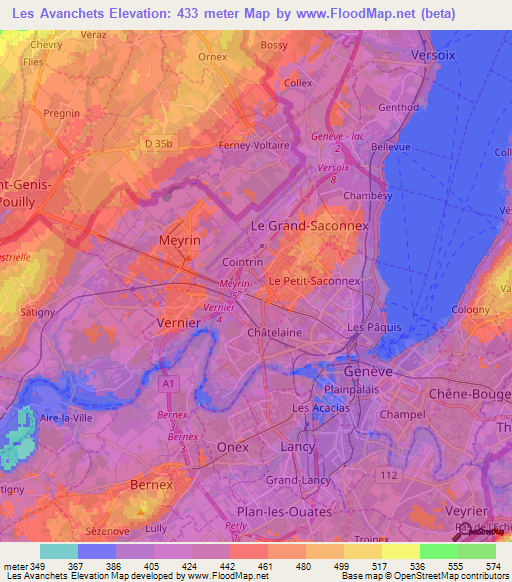 Les Avanchets,Switzerland Elevation Map