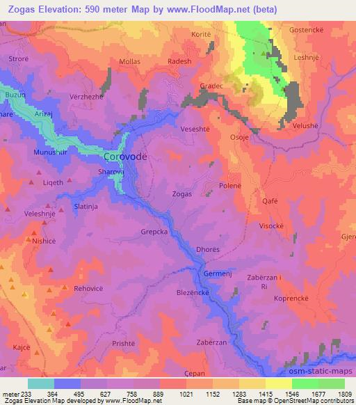 Zogas,Albania Elevation Map