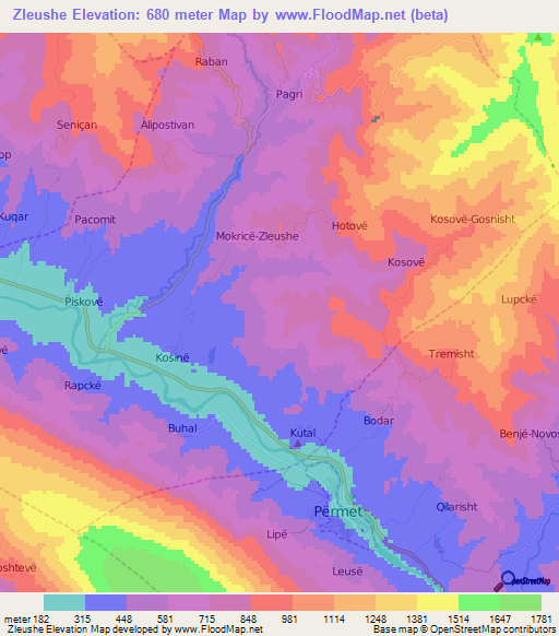 Zleushe,Albania Elevation Map