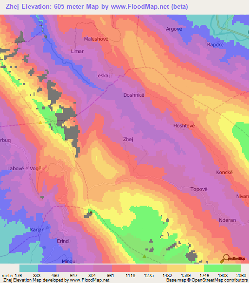 Zhej,Albania Elevation Map