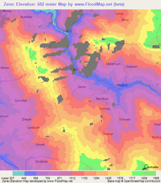 Zerec,Albania Elevation Map