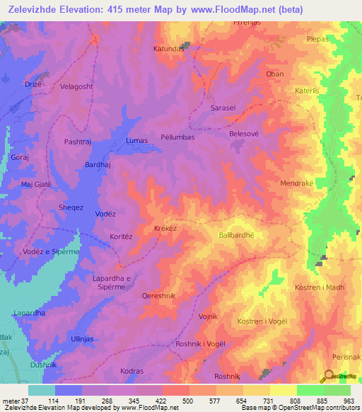 Zelevizhde,Albania Elevation Map