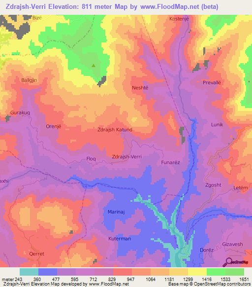 Zdrajsh-Verri,Albania Elevation Map