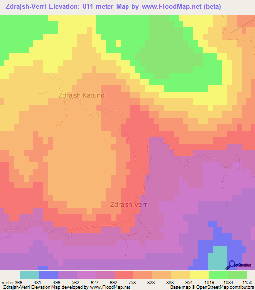 Zdrajsh-Verri,Albania Elevation Map