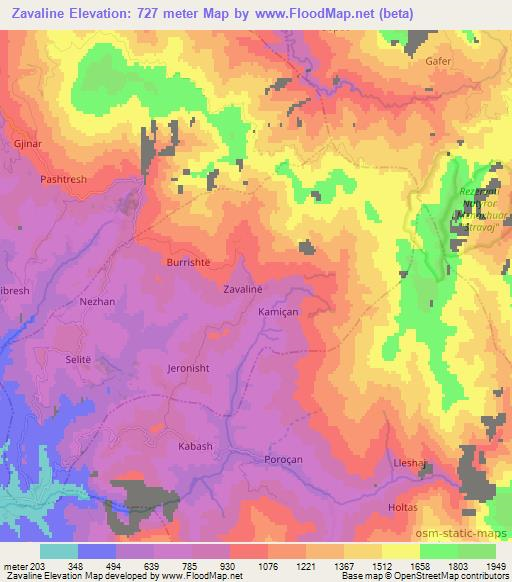 Zavaline,Albania Elevation Map