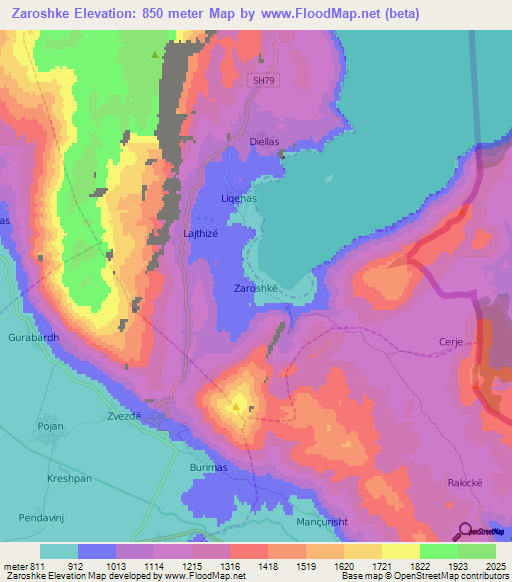 Zaroshke,Albania Elevation Map