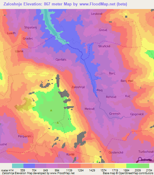 Zaloshnje,Albania Elevation Map