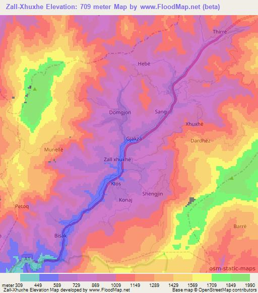 Zall-Xhuxhe,Albania Elevation Map