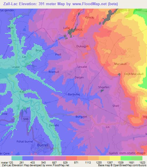 Zall-Lac,Albania Elevation Map