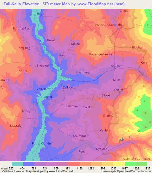 Zall-Kalis,Albania Elevation Map