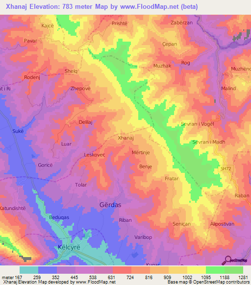 Xhanaj,Albania Elevation Map