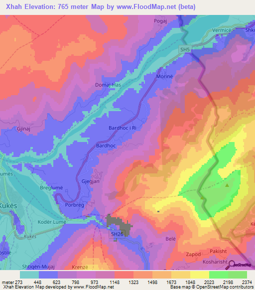 Xhah,Albania Elevation Map