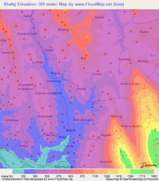 Xhafaj,Albania Elevation Map