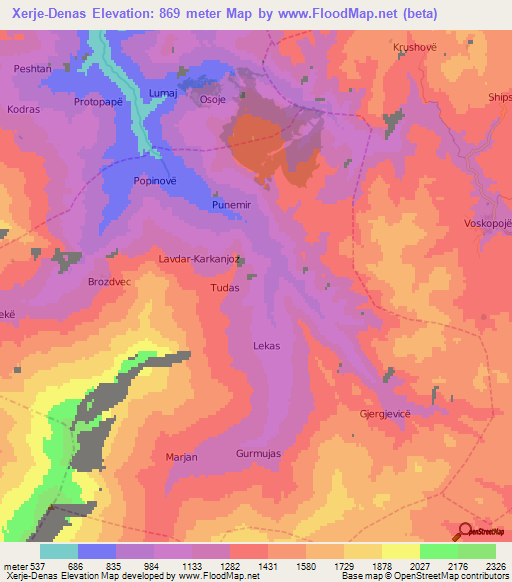 Xerje-Denas,Albania Elevation Map