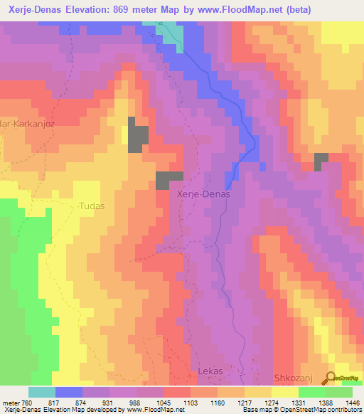 Xerje-Denas,Albania Elevation Map