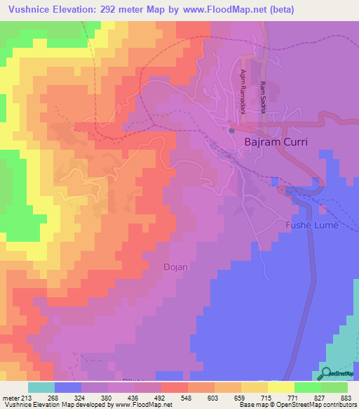 Vushnice,Albania Elevation Map