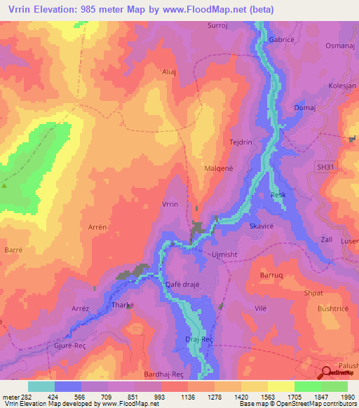 Vrrin,Albania Elevation Map