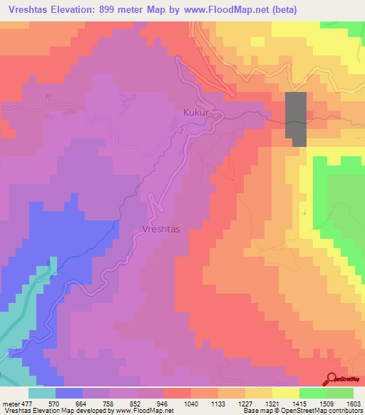 Vreshtas,Albania Elevation Map