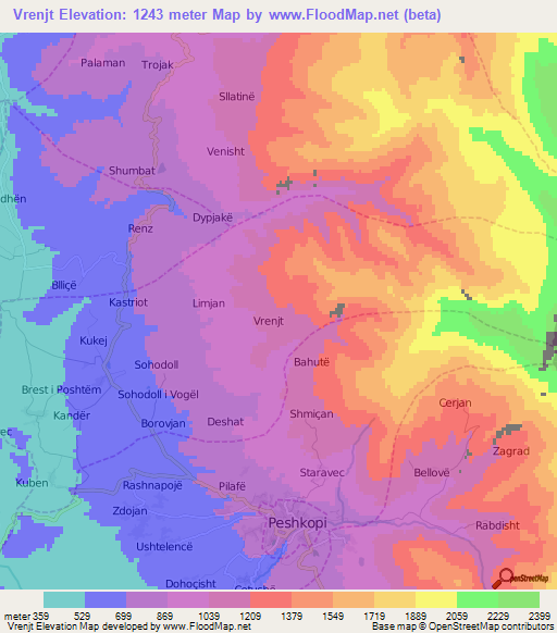 Vrenjt,Albania Elevation Map