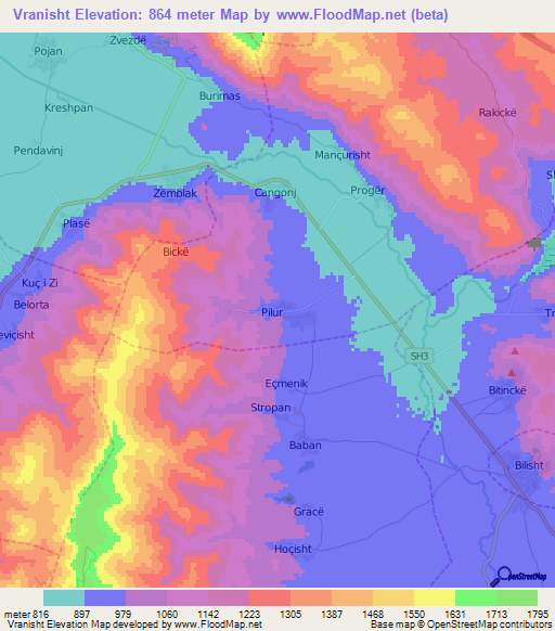 Vranisht,Albania Elevation Map