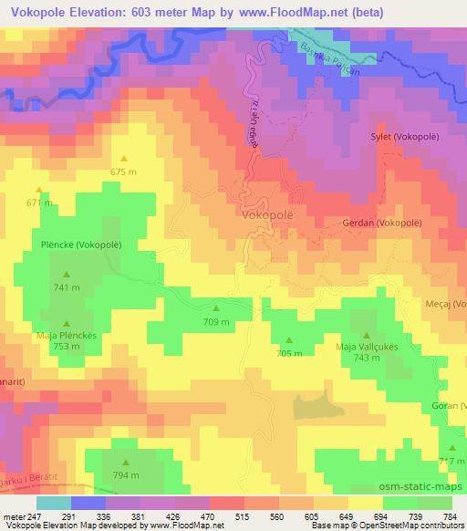 Vokopole,Albania Elevation Map