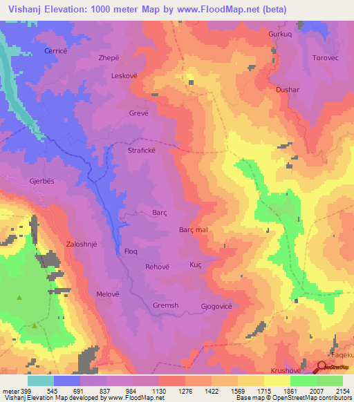 Vishanj,Albania Elevation Map