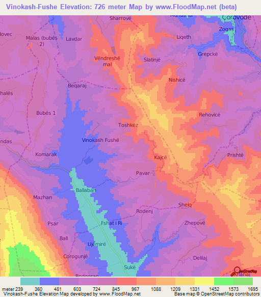 Vinokash-Fushe,Albania Elevation Map