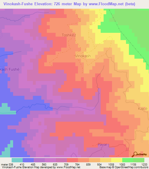 Vinokash-Fushe,Albania Elevation Map