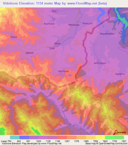 Vidohove,Albania Elevation Map