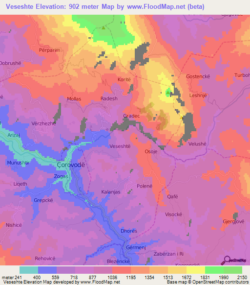 Veseshte,Albania Elevation Map