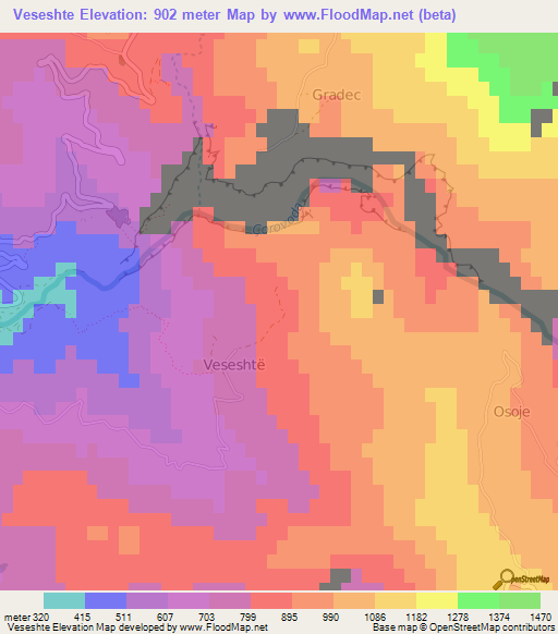 Veseshte,Albania Elevation Map