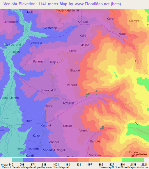 Venisht,Albania Elevation Map